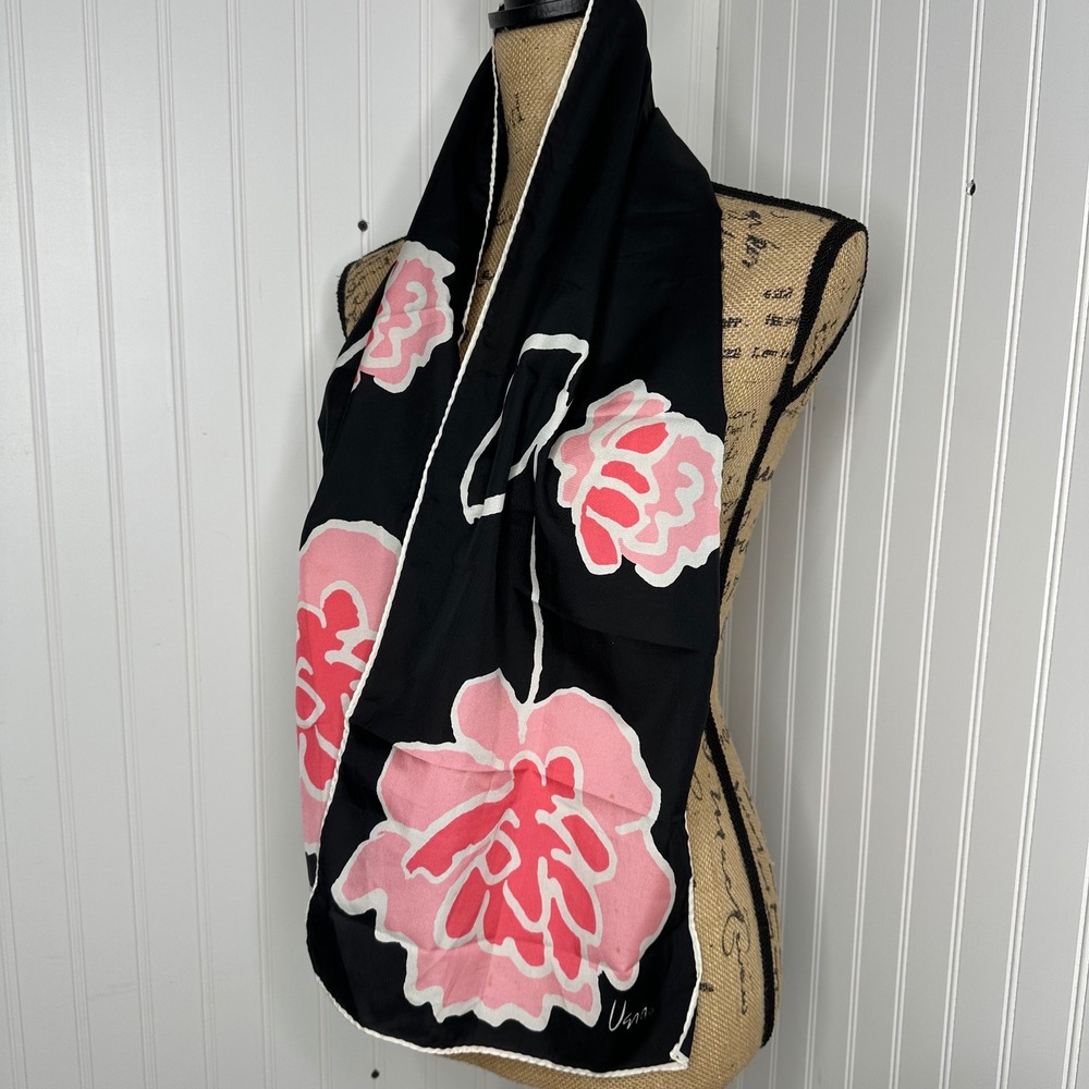 Vtg Vera Neumann Silk? Scarf Black Pink Mod Floral Mid Century Hand Rolled READ